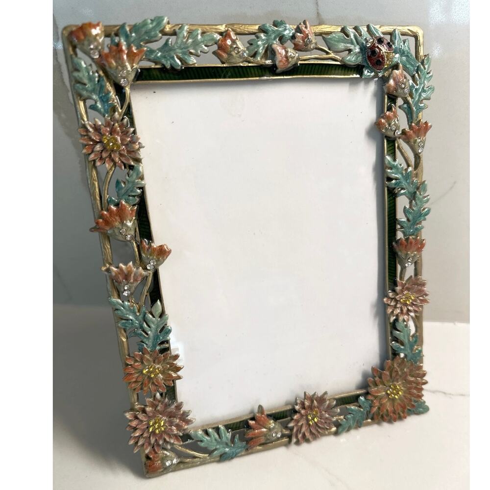 Vintage Metal Enameled & Jeweled Picture Frame Ladybug Greens & Orange Flowers